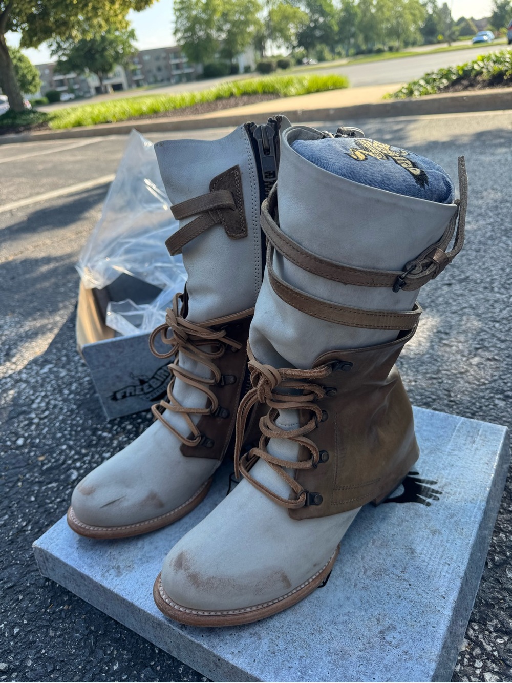 Freebird by Steven Two-Tone Lace-Up Mid-Calf Boots in Taupe & Brown